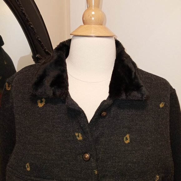 Eva & Claudi 100% Wool Unique Sweater Jacket Faux Fur Collar sz L  /B9 - Picture 4 of 10